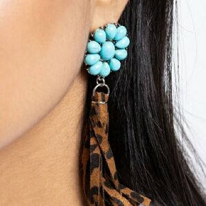 Turquoise Floral Earrings with Leopard Print Tassel